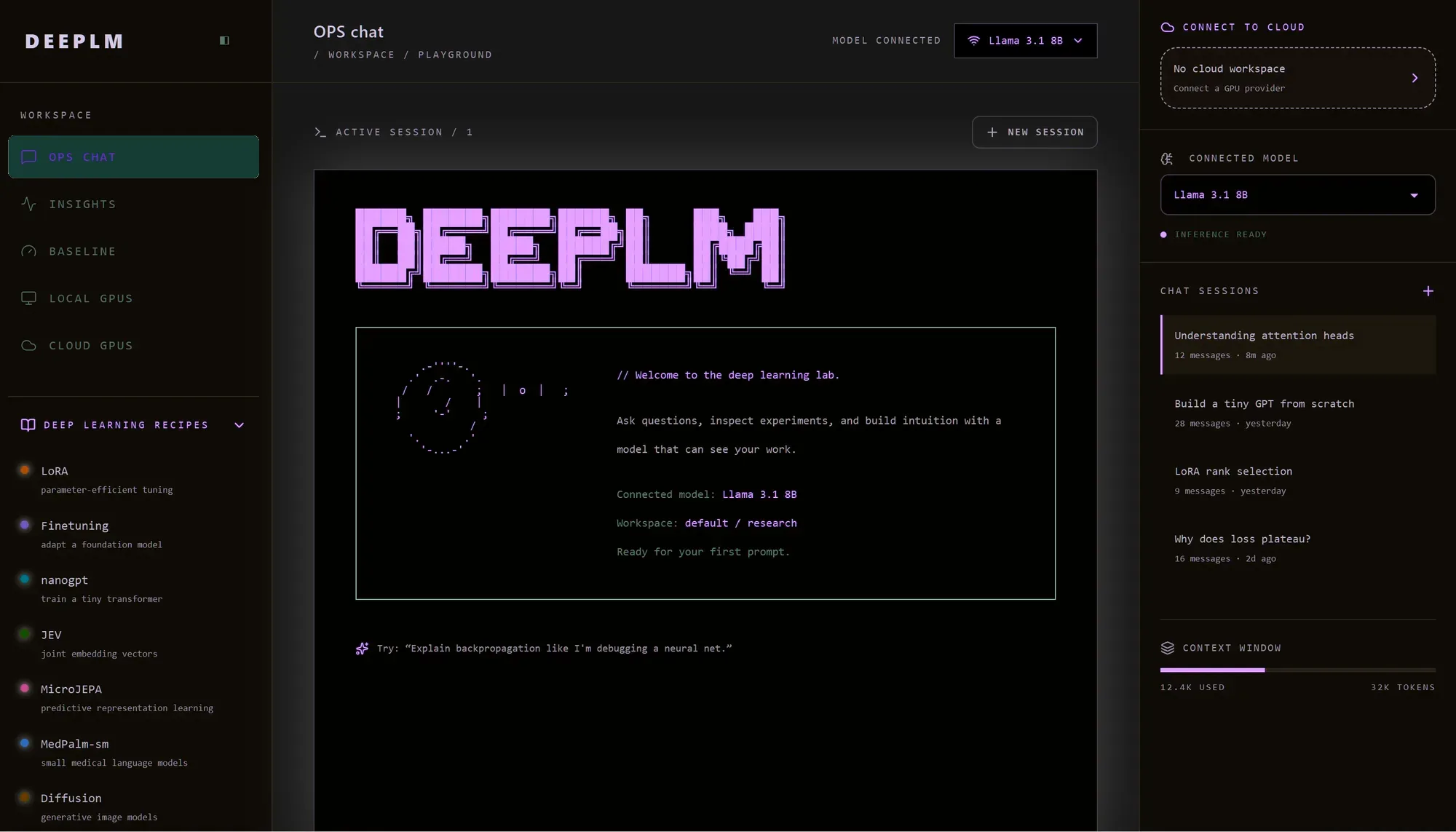The DeepLM Ops chat interface in dark mode: a workspace sidebar, a chat panel and a side panel showing the connected model and recent sessions.