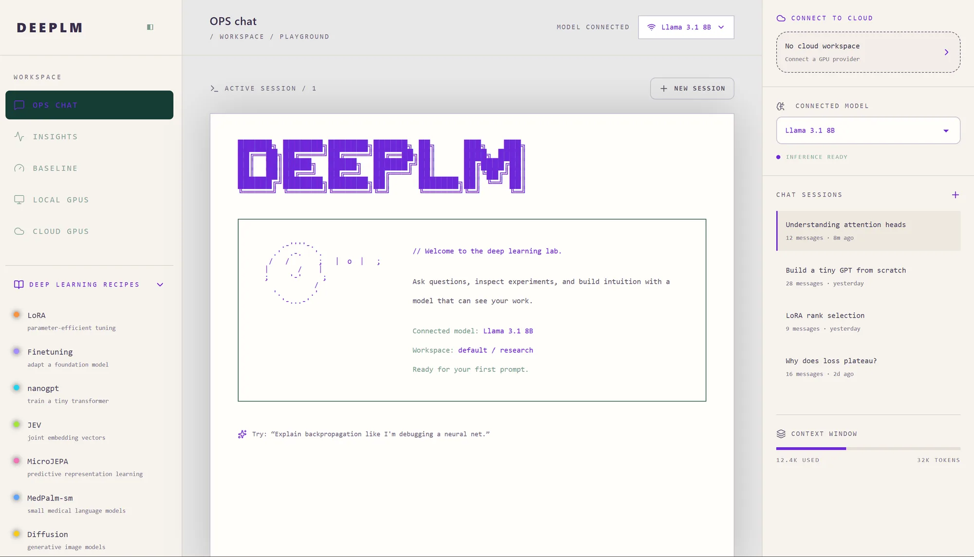 The DeepLM Ops chat interface: a workspace sidebar, a chat panel and a side panel showing the connected model and recent sessions.